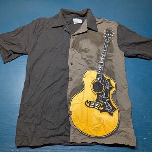 Vintage Men's Black and Yellow Elvis Presley Guitar Print Button Down Shirt
